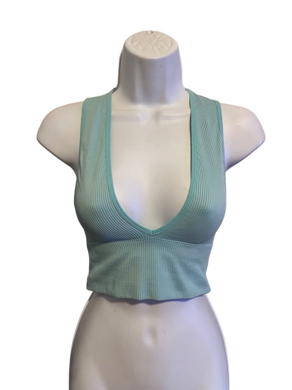 Urban Outfitters Ribbed Deep V Crop Tank - Mint Green